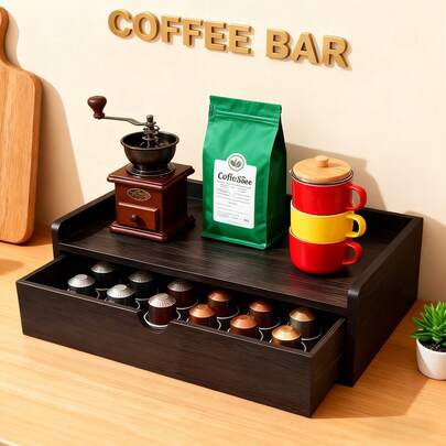 IDUK 1PC Wooden Coffee Pod Storage Drawer, Countertop Coffee Capsule Organizer Box, Wooden Kitchen Coffee Station Storage Tool, Retro Style Household Coffee Pod Classification Storage Drawer