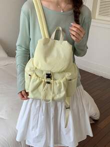 Large Capacity Fashionable Solid Color Multi-Pocket Nylon Casual Backpack, Waterproof Lightweight Foldable Drawstring Patch Letter Travel Bag, Summer - Yellow - View 5
