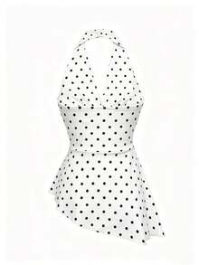 Blusa de mujer con estampado de lunares, bajo asimétrico y drapeado en el cuello halter, color blanco - Blanco - Ver 3