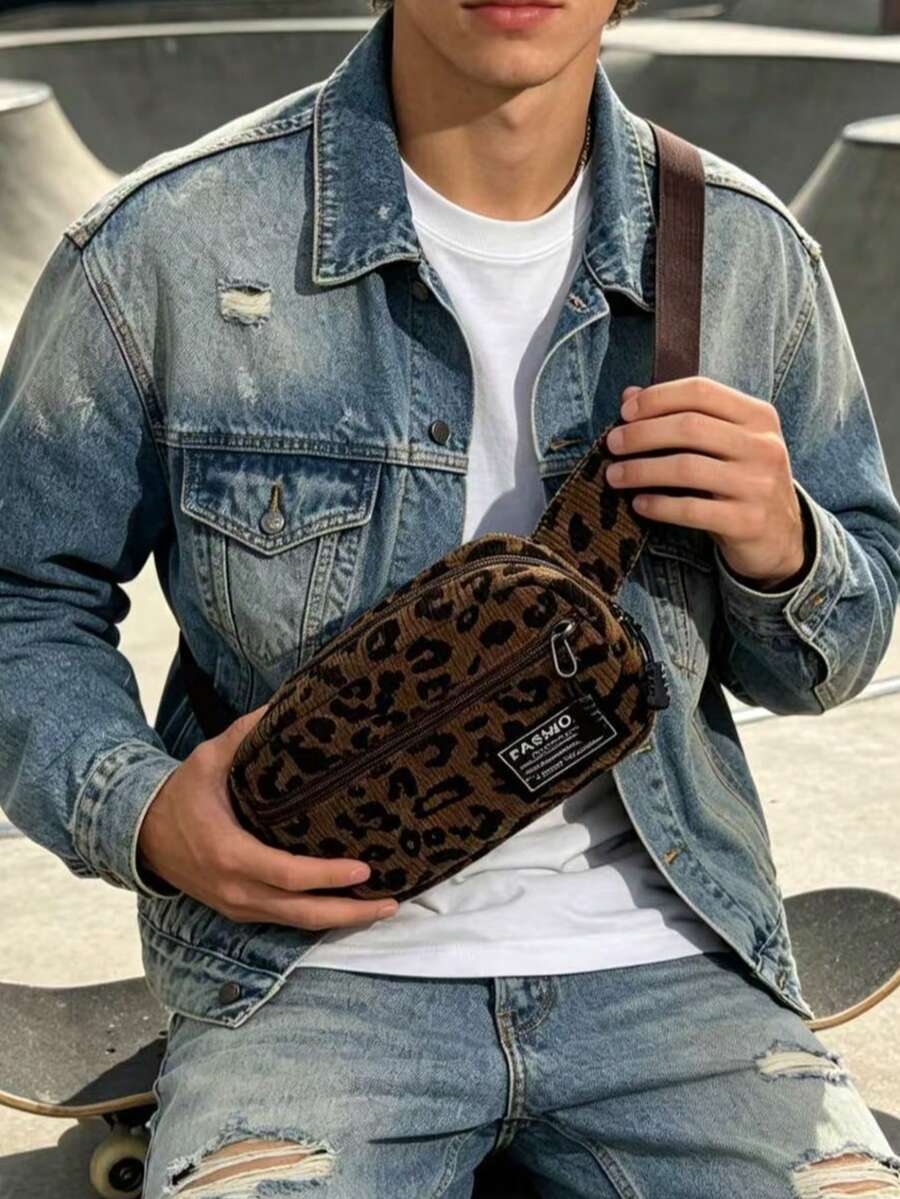 Corduroy Leopard Print Casual Sports Style Minimalist Men's Chest Bag, Versatile Phone Pouch, Coin Purse, Suitable For Travel And Sports - Coffee Brown - View 1