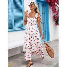Women's Pinafore Regular Hem Long Midi Dress With Strawberry Print And Straps Sleeveless Styling - Putih - View 1