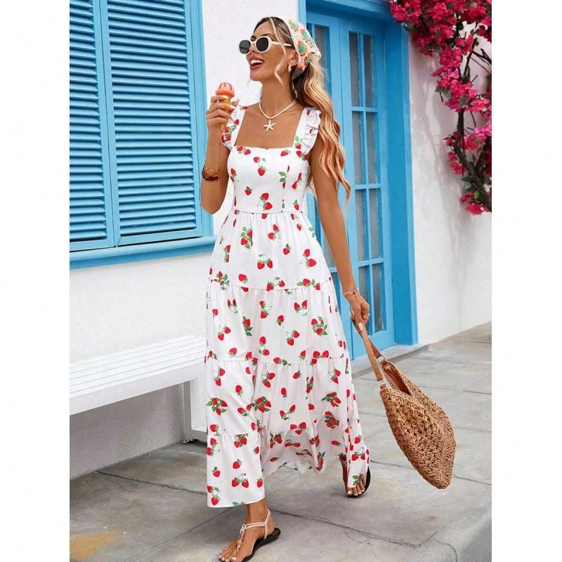 Women's Pinafore Regular Hem Long Midi Dress With Strawberry Print And Straps Sleeveless Styling - Putih - View 1