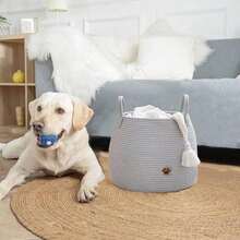 Pets Storage Basket Cat Dog Toys Basket Large Woven Rope Laundry Basket With Handle, Home Decor Storage Hamper For Blanket, Towels, Clothes, Pet Accessories - Gray-footprints - View 11
