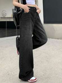 Pantalones Vaqueros Casuales con Cintura Alta, Lavado Desgastado y Diseño Holgado, Perfecto para Look de Verano y Eventos Nocturnos - Negro - Ver 5