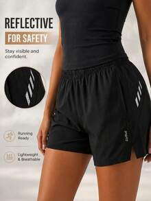 Women's Reflective Print Split Hem Quick Dry Running Shorts, Black Athletic Shorts For Gym And Night Jogging Summer Sports - Black - View 1