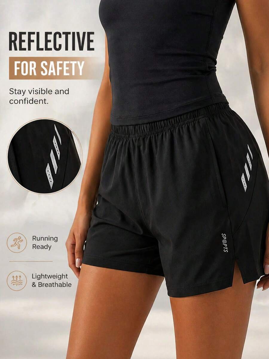 Women's Reflective Print Split Hem Quick Dry Running Shorts, Black Athletic Shorts For Gym And Night Jogging Summer Sports - Black - View 1