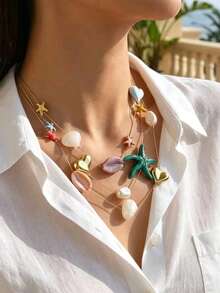 1pc Bohemian Vacation Faux Starfish & Shell Multilayer Necklace (Random Accessory Color) - Multicolor 2 - View 5