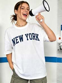 Camiseta de manga corta con cuello redondo suave y casual para mujer, sudadera de forro polar con estampado de letras casual, para otoño/invierno, graduación, regreso a clases, profesora, suéter de regreso a clases, tops para salir, algodón, vintage, estilo urbano europeo y americano, casual deportivo, estilo unisex, estilo casual urbano, tops bonitos, G - Blanco - Ver 8