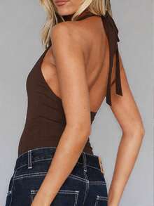GAOVOT Women's Summer Y2K Sexy Low Neck Backless Bodysuit, Festival Style - Brown - View 2