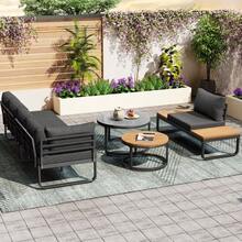 Garden Furniture Set (4-5 Seats), 2 Stackable Coffee Tables, Galvanized Iron Frame, Comfortable Garden Furniture, Grey Cushions And Pillows Included, With Adjustable Legs. - Grey - View 3