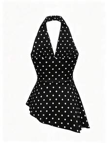 Blusa de verano negra de uso diario versátil con cuello halter, lunares y pliegues - Multicolor - Ver 6