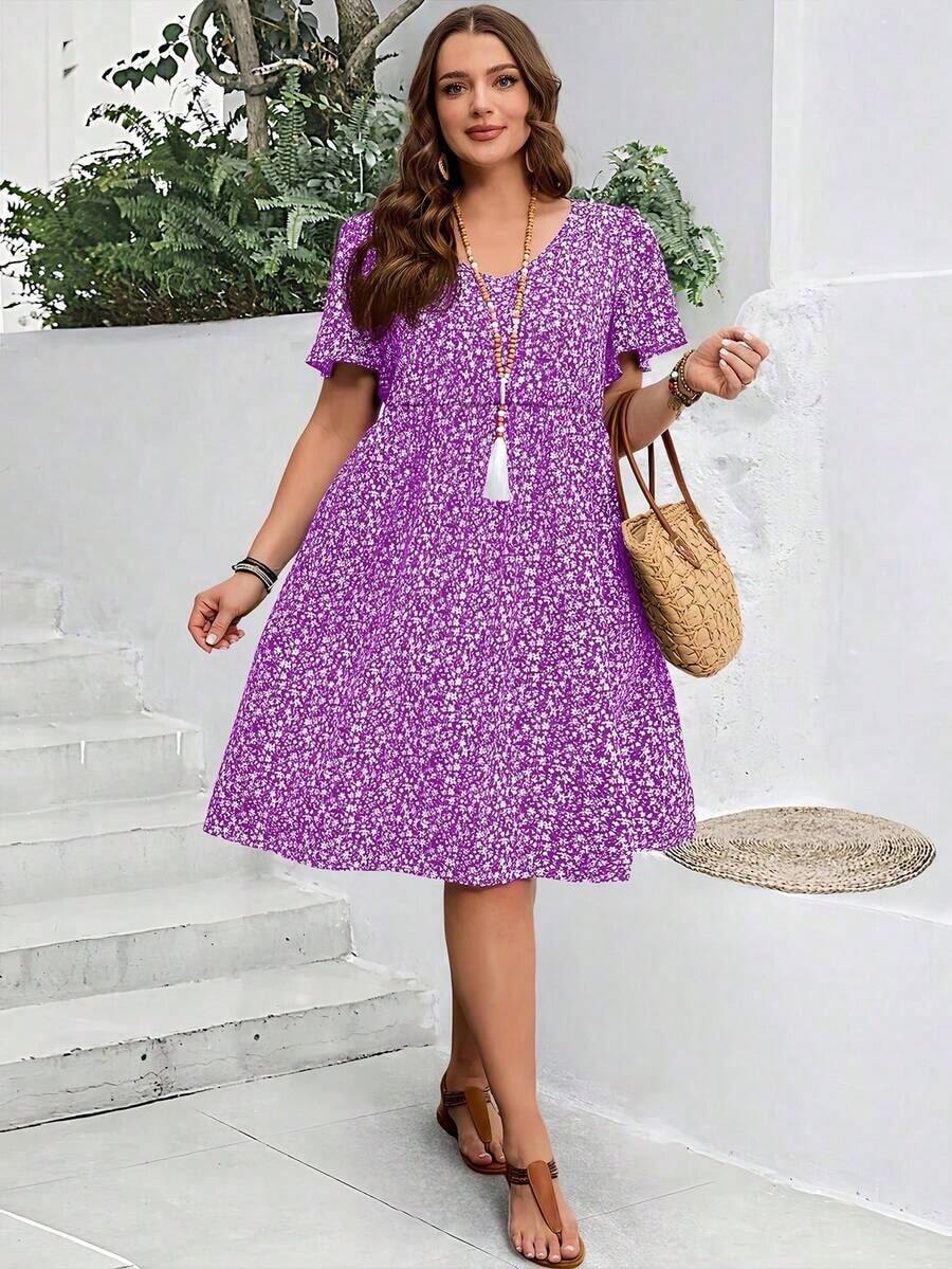 Vestido casual de manga corta con estampado floral diminuto para tallas grandes - Púrpura malva - Ver 1