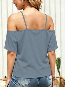 1pc Colorblock Leopard Print Patchwork Knit Fabric Sleeveless T-Shirt, Suitable For Vacation & Beach In Summer Casual - Gray-blue - View 2