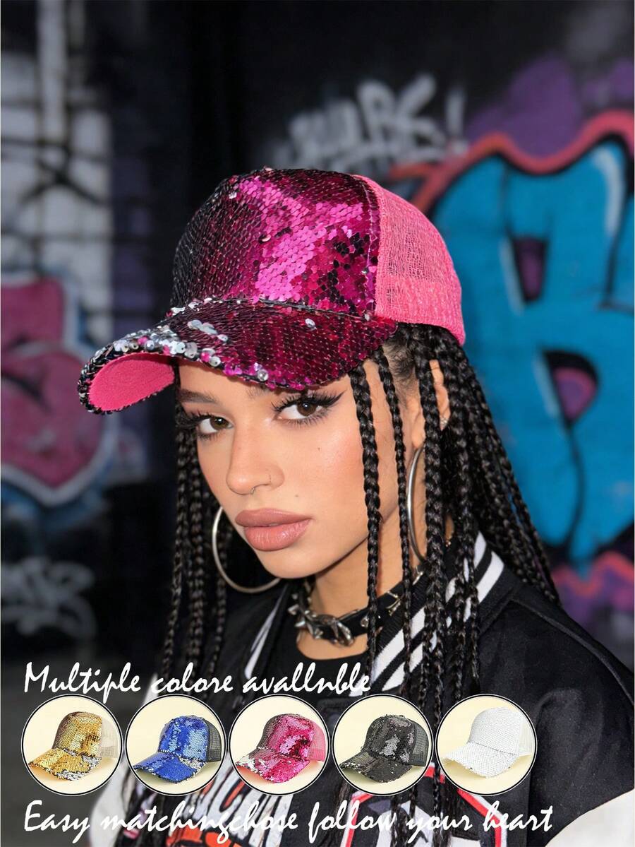 1 pièce Casquette de baseball en maille pailletée respirante pour femmes, casquette de soleil pour randonnée en plein air - Multicolore - Voir 1