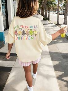 [Back To School] 1pc Tween Girl Printed Short Sleeve T-Shirt, Student Youth Apparel, Summer Top For Kids - Apricot - View 1