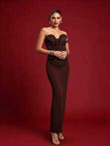 Bernatova Elegant Strapless Long Cocktail Dress For Women, Featuring Intricate Embroidery And Ruffle Trim, And Distinctive. Party Wedding Fall - Coffee Brown - View 2