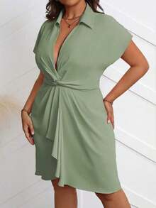 Vionelle Vestido casual de verano de manga corta con detalle de nudo en la parte delantera, en talla grande y unicolor - verde menta - Ver 3