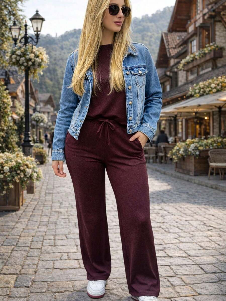 Women's Comfy Autumn/Winter Set: Wide-Leg Pants, High-Waisted With Elastic Waistband, And Woolen Blouse - Burgundy - View 1