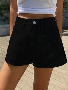 Teen Girls Washed Denim Shorts, Simple Versatile Design, With Elastic Waistband, Suitable For Daily Wear Or School - Black - View 6