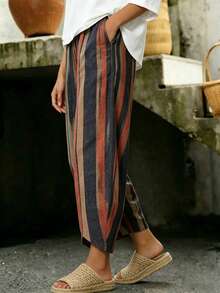 Women's Fashion Casual Loose Contrast Striped Retro Print Capri Pants With Pockets Vacation - Multicolor - View 5