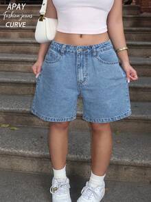 Plus Size Women's Solid Color Bermuda Denim Shorts - Medium Wash - View 2
