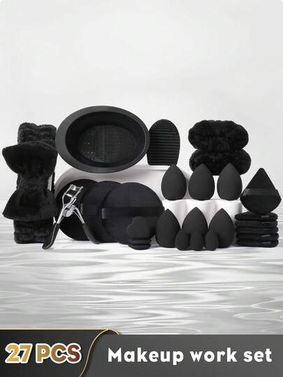27 piezas Juego de herramientas de maquillaje que incluye: 2 piezas Asa de tazón de mano + 1 diadema + 2 piezas Herramientas de limpieza de brochas de maquillaje + 6 piezas Borlas de polvo triangulares + 6 piezas Esponjas de maquillaje + 3 piezas Esponjas de maquillaje mini + 3 piezas Borlas de polvo de cojín de aire mini + 3 piezas Borlas de polvo circulares + 1 pieza Rizador de pestañas