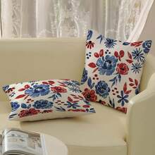 2PCS July 4th Patriotic Floral Pillowcase, Red And Blue Watercolor Flower Decorative Pillowcase, Independence Day Home Decor, Single-Sided, Pillow Insert Not Included - Two-piece Set In Multiple Colors - View 4