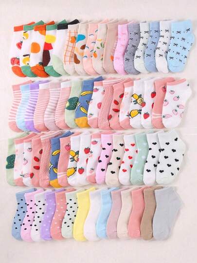 1/10 paires de couleurs aléatoires Chaussettes de cheville respirantes et confortables avec motifs mignons de fruits, cœurs, papillons, pois, rayures. Convient pour les bébés et les enfants pour un usage quotidien, idéal comme cadeau d'anniversaire