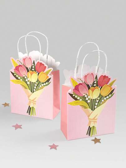 5pcs/1pc Fresh INS Style Pink Tulip Floral Gift Bag, Girly Pink Aesthetic High-Quality Packaging Bag, Romantic French Countryside Style Luxury Gift Packaging, Minimalist Soft Vibe Gift Packaging Bag, 3D Printed Design With Comfortable Handle, Thick Durable White Cardboard Material, Reusable, Suitable For Mother's Day, Birthday, Women's Day, Bestie Gifts, Weddings, Singles Party, Party Favors And More Occasions