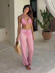 3 piezas Conjunto de bikini de punto a rayas sexy - Top triangular + Calzoncillos de cintura baja + Pantalones de pierna ancha con tirantes ajustables| Traje de baño de vacaciones de playa retro para el verano - Rosa - Ver 2
