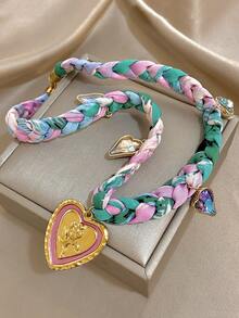 1Pc Gold Plated Bohemian Rose Embossed Heart Pendant Necklace,Multicolor Braided Scarf Choker,For Women,Beach Vacation,Holidays,Summer Boho,Gifts For Mom,For Daily Wear,Party Dating,Wedding Season,Bridesmaids Birthday Anniversary Valentine Gift,Music Festival Easter Day - Multicolor - View 4