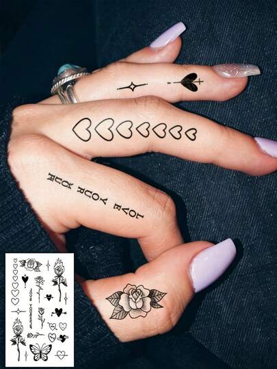 3/2/1 Pcs Finger Temporary Tattoo Stickers, Waterproof Rose Flower, Flame, Thorn, Heart, Arrow, Butterfly, Cute Text Designs, Body Art For Arm, Neck, Wrist, Unisex