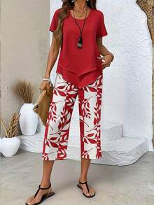 2026 New Women's Casual Solid Color Short-Sleeve Top + Plant Print Shorts, First Choice Casual Sports And Beach Wear, Loose And Comfortable, Suitable Travel Outfits - 紅色 - 查看 1