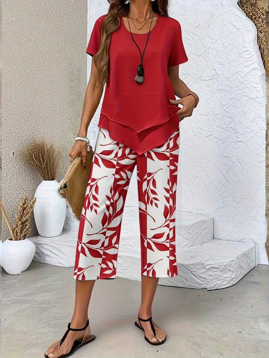 2026 New Women's Casual Solid Color Short-Sleeve Top + Plant Print Shorts, First Choice Casual Sports And Beach Wear, Loose And Comfortable, Suitable Travel Outfits - 紅色 - 查看 1