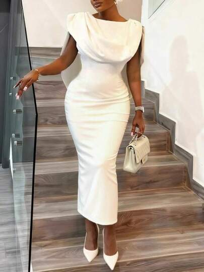 Plus Size Women's White Elegant Fitted Mid-Length Backless Dress With Draped Turtleneck Design, Suitable For Summer Wedding Guest And Evening Occasions Spring