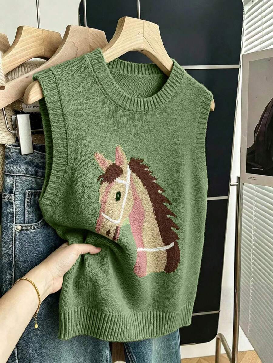 卡通马图案撞色无袖圆领毛衣背心，女士夏季穿搭
