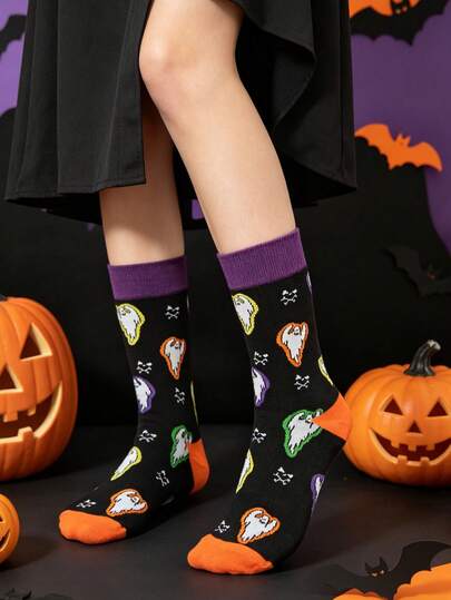 1 Pair Unisex Black Socks With Funny Devil Design, Mid-Calf Socks For Men And Women, Suitable For All Seasons