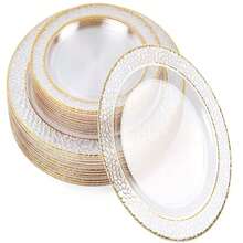50/25/12/1pc Transparent Gold Rim Plates - Elegant Gold Border, Stackable Design, Space-Saving. Elegant Plates Suitable For Weddings, Birthday Parties, Outdoor Banquets And Daily Dining, Meeting Both Formal And Informal Occasions. Product Features Include: Wrinkle-Resistant Texture, Sturdy Structure, Multi-Functional Use, Suitable For Event Planning, Family Gatherings, Holiday Celebrations, Party Supplies And More, Also An Ideal Choice For Restaurant Suppliers. - Clear - View 1