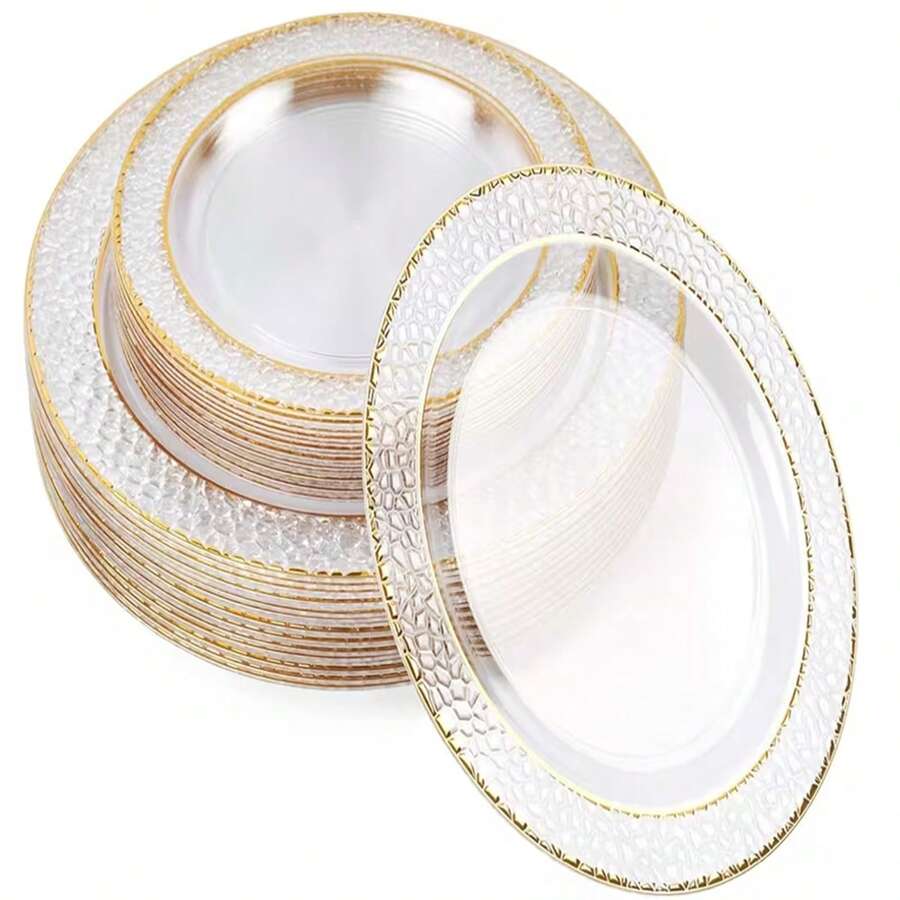 50/25/12/1pc Transparent Gold Rim Plates - Elegant Gold Border, Stackable Design, Space-Saving. Elegant Plates Suitable For Weddings, Birthday Parties, Outdoor Banquets And Daily Dining, Meeting Both Formal And Informal Occasions. Product Features Include: Wrinkle-Resistant Texture, Sturdy Structure, Multi-Functional Use, Suitable For Event Planning, Family Gatherings, Holiday Celebrations, Party Supplies And More, Also An Ideal Choice For Restaurant Suppliers. - Clear - View 1