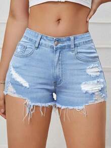 Pantalones cortos de mezclilla para mujer con bolsillos y bajo deshilachado - Celeste - Ver 7