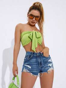 ICON Short de mezclilla con estilo callejero con efecto desgastado y bajo deshilachado para mujer - Azul lavado medio 3 - Ver 3