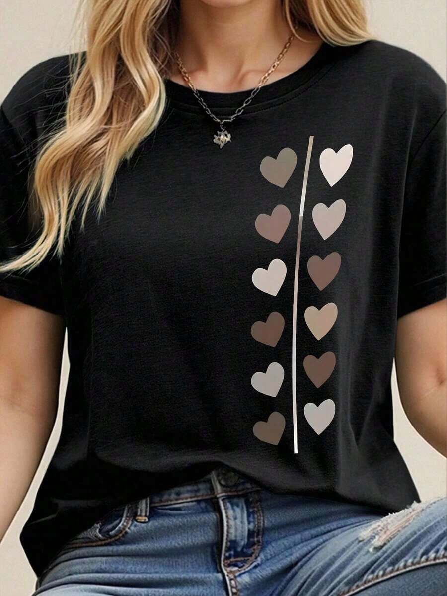 Camiseta informal de mujer de manga corta con cuello redondo y estampado de corazones para veranoPure-Cotton - Negro - Ver 1