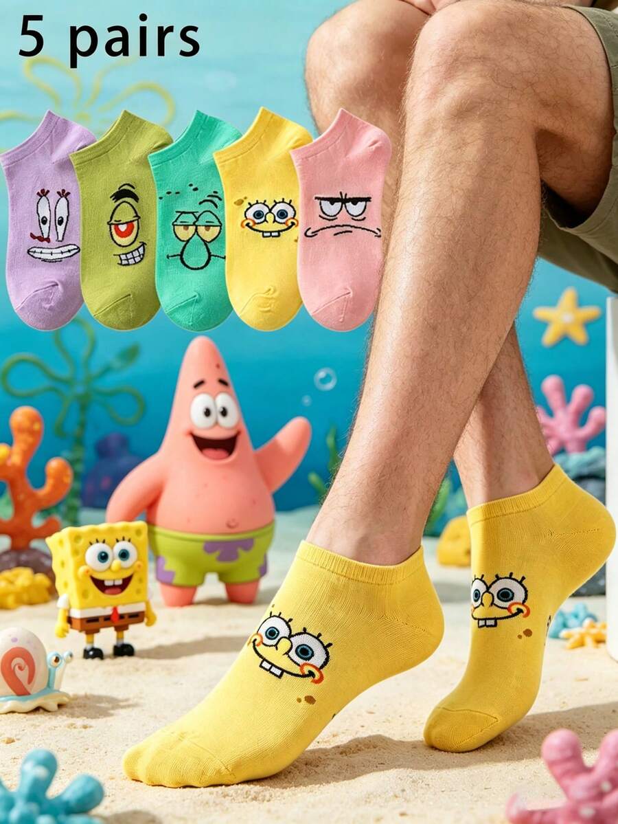 SpongeBob SquarePants 5双男女通用马卡龙色卡通印花低帮透气趣味休闲袜,适合所有季节 - 彩色 - 查看 1