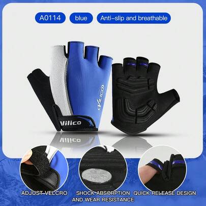 Vilico 1 Pair Blue, Black And Red Outdoor Cycling Gloves, Suitable For Spring, Summer And Autumn, With Shock Absorption, Wear-Resistant, Half-Finger Design, Suitable For Fitness, Sun Protection, Fishing And Sports,Men Gifts,Cover Up