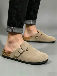 Khaki Comfort Slippers Men's Easy-On Home Shoes, Cork-Like Footbed With Arch Support, PVC Sole And Decorative Buckle - 卡其色 - 查看 5