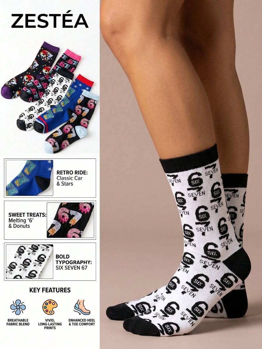 5 Pairs Unisex Colorful Pop Art Numeric Pattern Contrast Detail Polyester Breathable Short Socks, Suitable For Daily Wear And Street Fashion - Multicolor - View 1