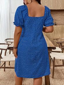 Vestido de manga corta con cuello cuadrado, fruncido y retorcido con estampado todo sobre para mujer de talla grande - azul real - Ver 2