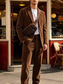 Corduroy Leopard Print Casual Sports Style Minimalist Men's Chest Bag, Versatile Phone Pouch, Coin Purse, Suitable For Travel And Sports - Coffee Brown - View 8