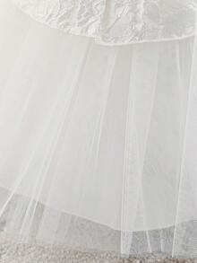 Baby Girls Thick Strap Bow Jacquard Fabric & Mesh Patchwork Cute Flower Girl Dress, Suitable For Birthday Celebration, Headband Not Included - White - View 9