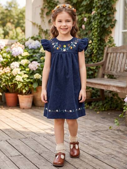 Đầm hè màu xanh hải quân thêu jacquard cho bé gái, đầm tay ngắn dáng chữ A thêu hoa, kiểu dáng ngọt ngào cổ điển, thích hợp mặc hàng ngày, đi học hoặc đi chơi.
